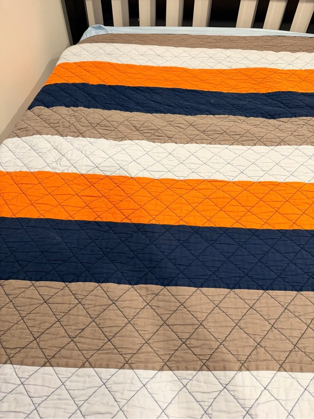 Pottery Barn Kids Striped Quilted Bedspread in Orange, Navy, and Grey